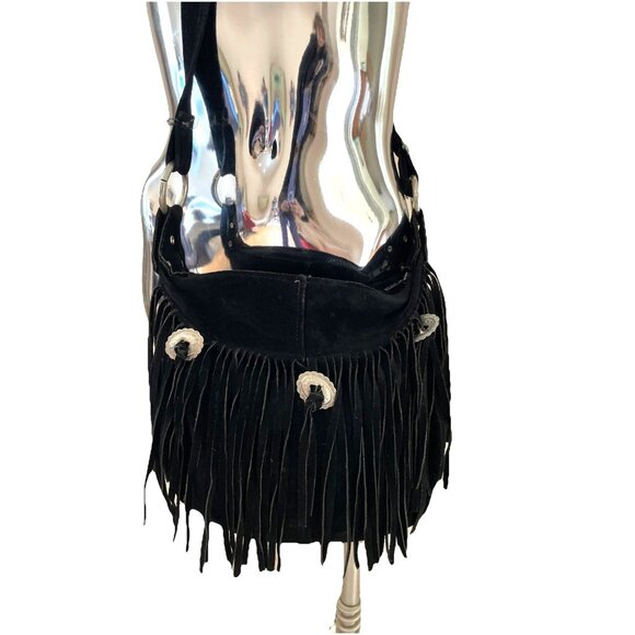 Vintage Native American Suede Leather Bag Crossbody Black Fringe Conch Boho - Picture 1 of 10